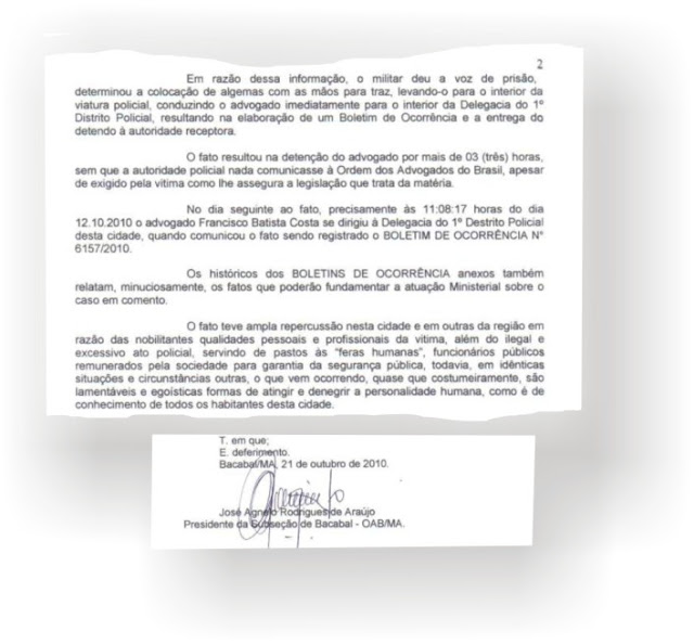 IMAGEM - OAB entra com representação contra PM de Bacabal